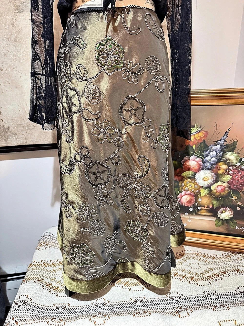 M.S.K. Embroidered Floral Midi Skirt Large Like New